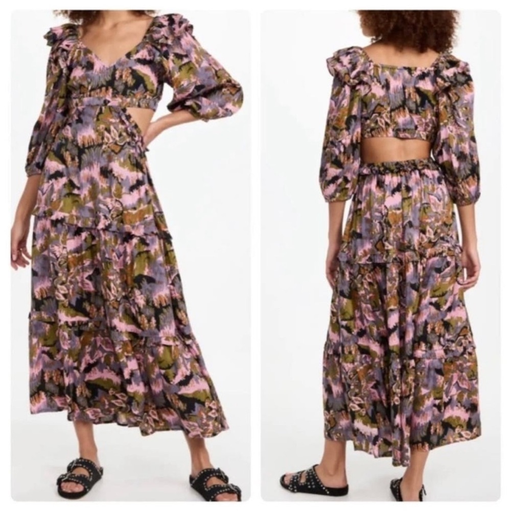 Cleobella Paris Dress | Tapesty Print | Ankle length back cut out dress Size M